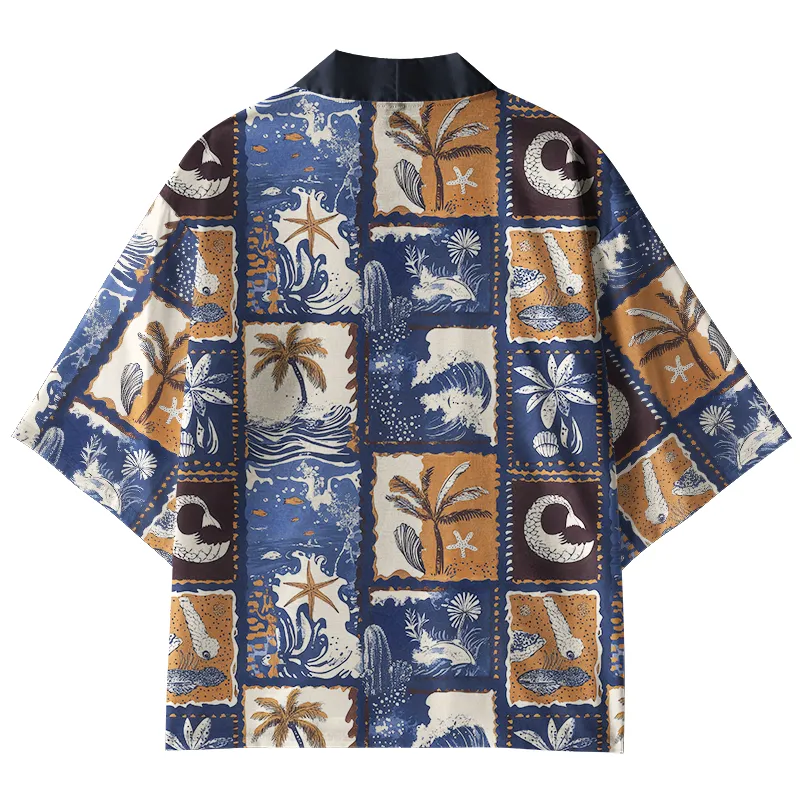 Tokyo-Tiger Island Shore Element Collage Kimono Cardigan