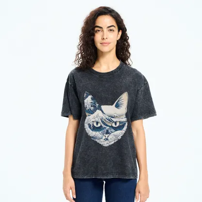 Tokyo-Tiger Ukiyo-e Waves And Cats Washed T-Shirt