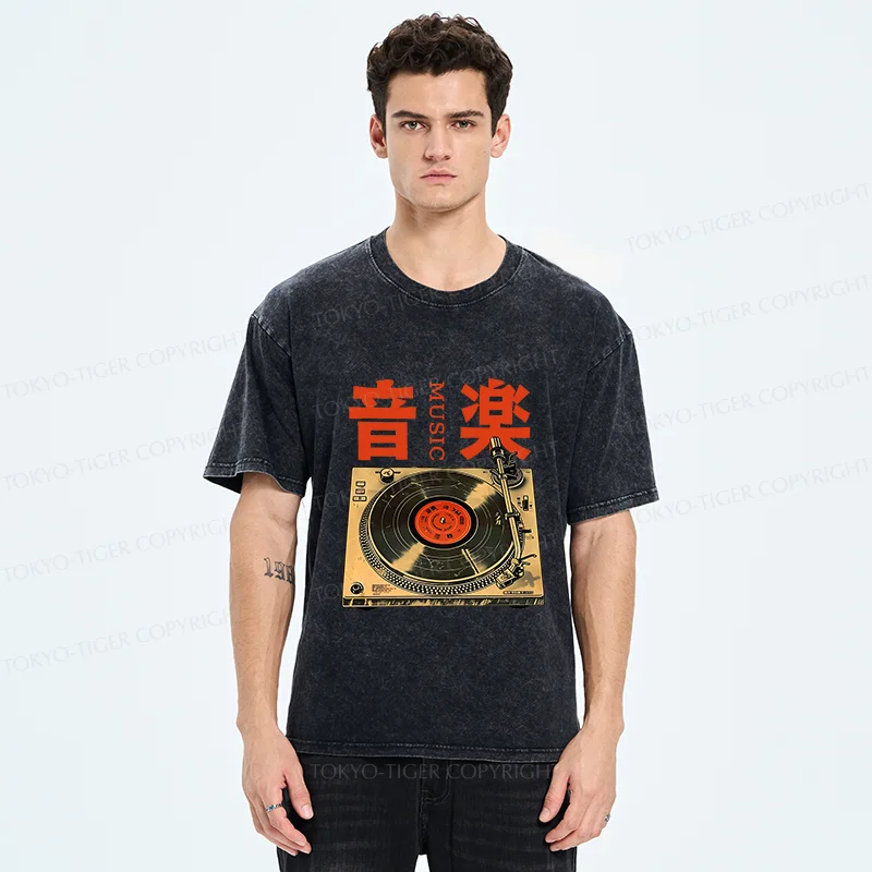 Tokyo-Tiger Retro Music Record Player Washed T-Shirt