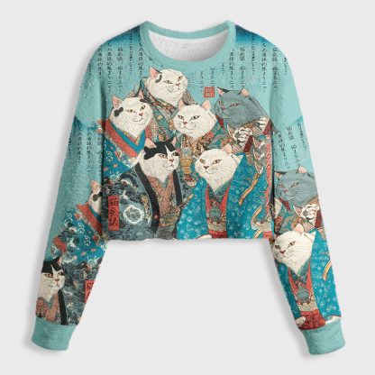 Tokyo-Tiger Formal Gathering of Ukiyo-e Cat Nobles Women's Fuzzy Cropped Sweatshirt