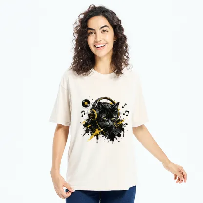 Tokyo-Tiger Black Cat Music Lover Washed T-Shirt