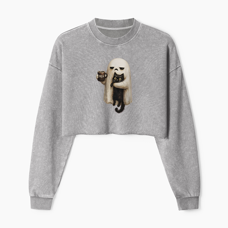 Tokyo-Tiger Ghost Cat Coffee Mood Washed Crop Sweatshirt