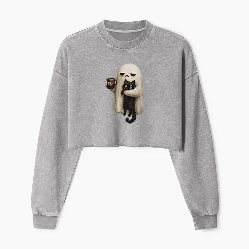 Tokyo-Tiger Ghost Cat Coffee Mood Washed Crop Sweatshirt