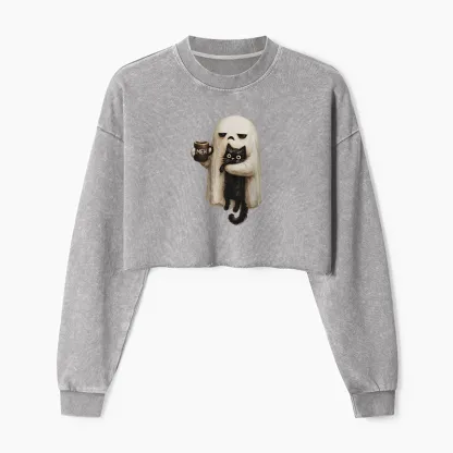 Tokyo-Tiger Ghost Cat Coffee Mood Washed Crop Sweatshirt