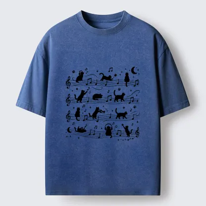Tokyo-Tiger Music Staff Cats Funny Meme Washed T-Shirt