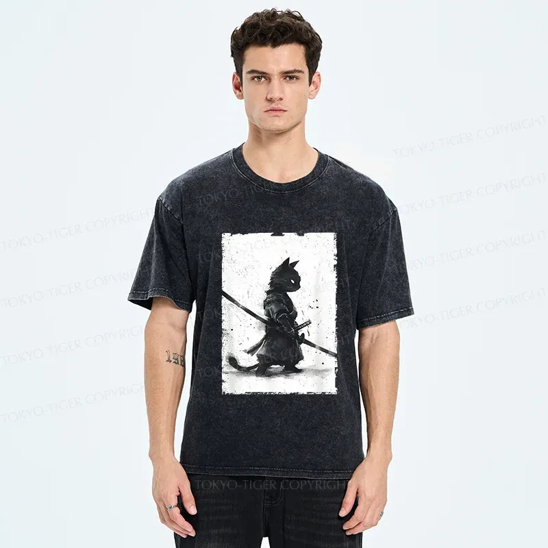 Tokyo-Tiger Retro Cat Samurai Washed T-Shirt