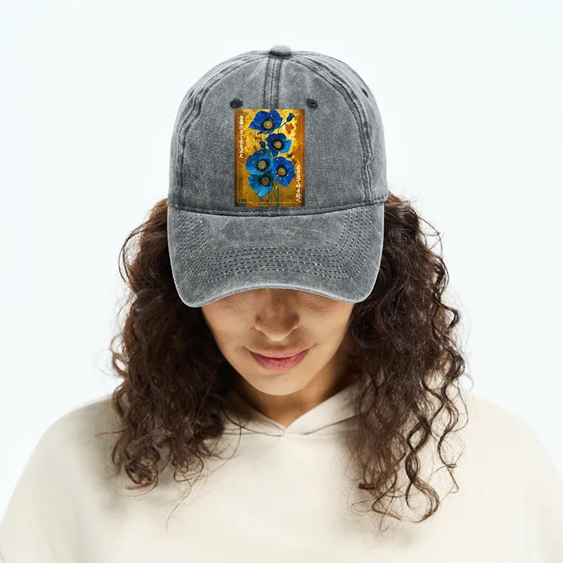 Tokyo-Tiger Shiny Blue Flower Warm Golden Background Washed Cap