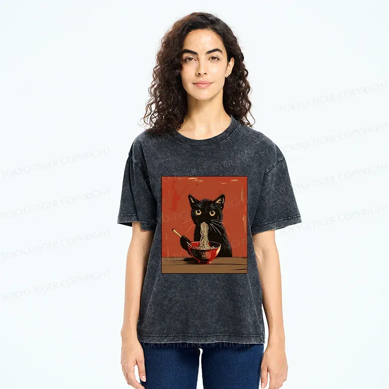 Tokyo-Tiger Japanese Black Cat Eating Ramen Washed T-Shirt