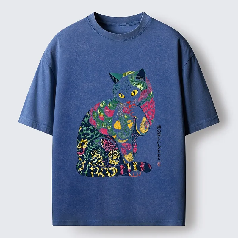 Tokyo‑Tiger Colorful Japanese Cat Washed T‑Shirt