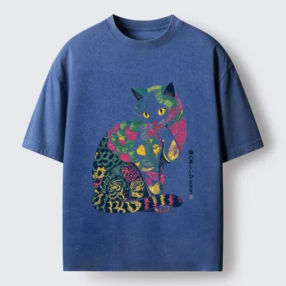 Tokyo‑Tiger Colorful Japanese Cat Washed T‑Shirt