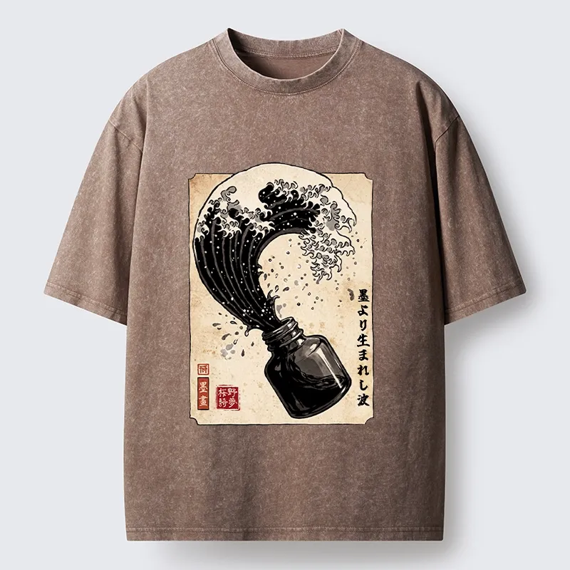 Tokyo‑Tiger Ink Wave Bottle Art Washed T‑Shirt