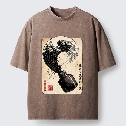 Tokyo‑Tiger Ink Wave Bottle Art Washed T‑Shirt