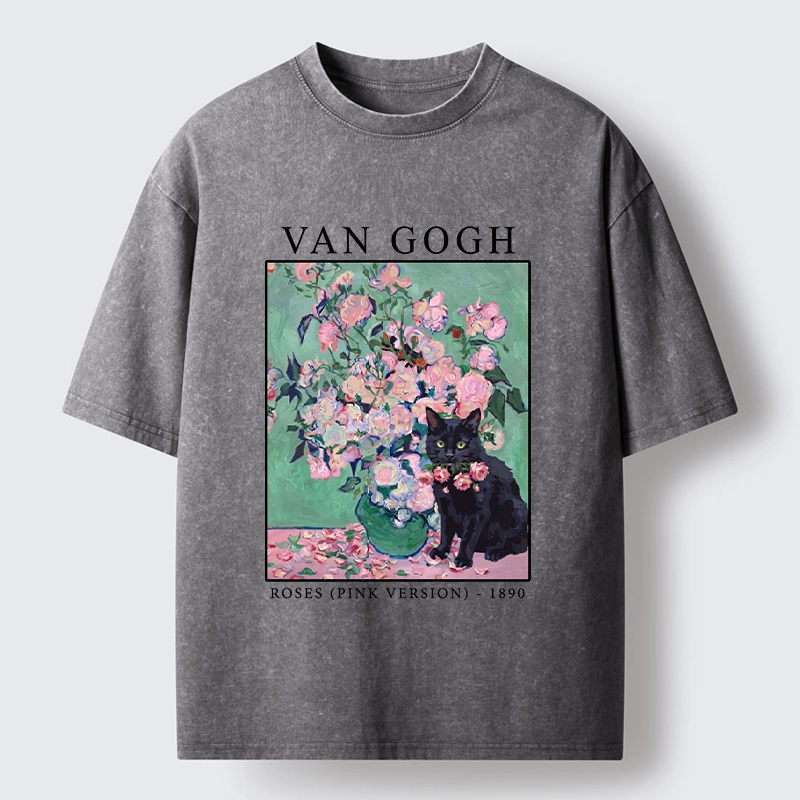 Tokyo‑Tiger Art Cat With Roses Washed T‑Shirt
