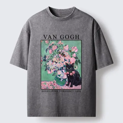 Tokyo‑Tiger Art Cat With Roses Washed T‑Shirt