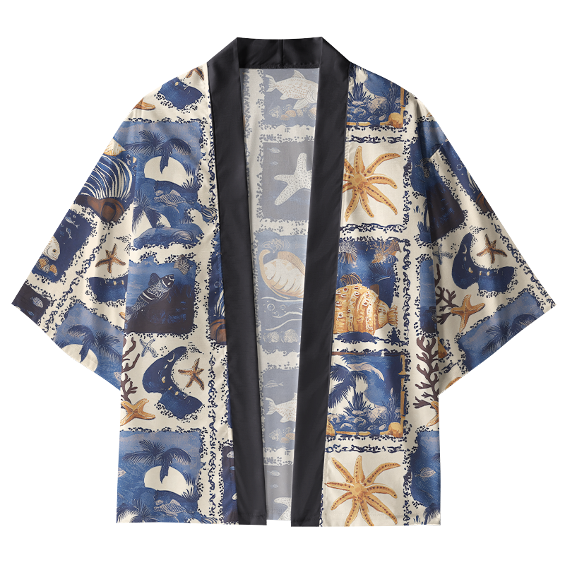 Tokyo-Tiger Marine Life Collage Kimono Cardigan