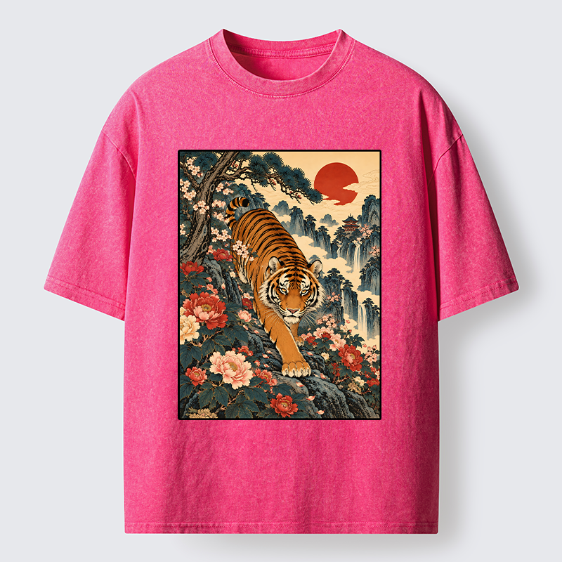 Tokyo-Tiger Vintage Ukiyo Wild Tiger Floral Graphic Washed T-Shirt