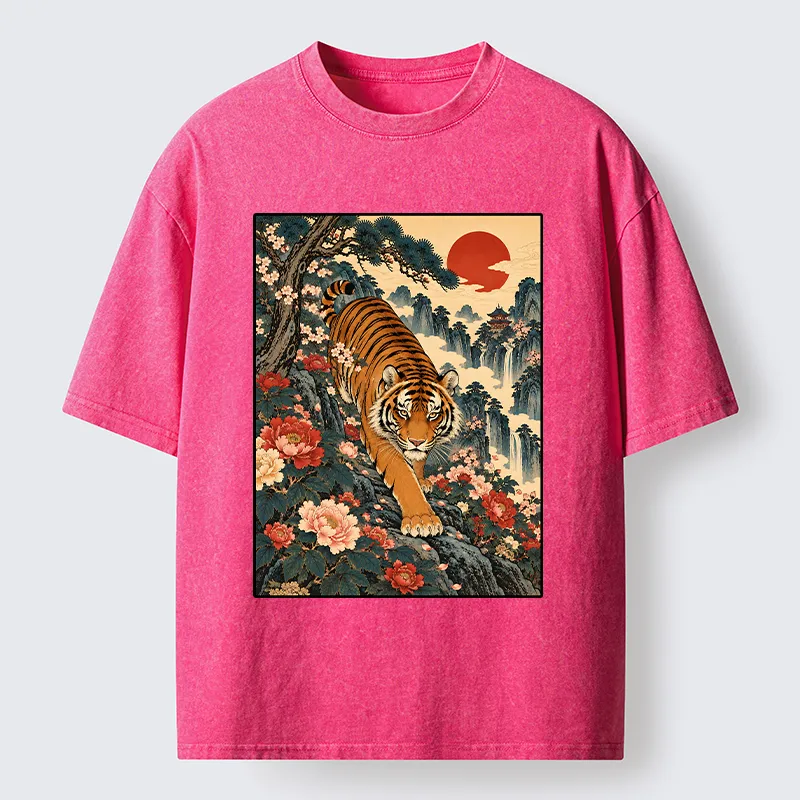 Tokyo-Tiger Vintage Ukiyo Wild Tiger Floral Graphic Washed T-Shirt