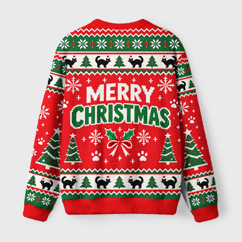 Tokyo-Tiger Black Cat Playing With Christmas Bauble Fuzzy Christmas Ugly Sweatshirt