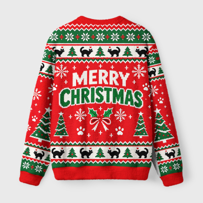Tokyo-Tiger Black Cat Playing With Christmas Bauble Fuzzy Christmas Ugly Sweatshirt