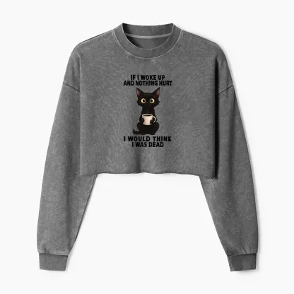 Tokyo-Tiger Funny Cute Black Cat And Coffee Meme Washed Crop Sweatshirt