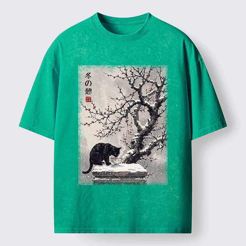 Tokyo‑Tiger Snow Cat Calm Vibes Washed T-Shirt