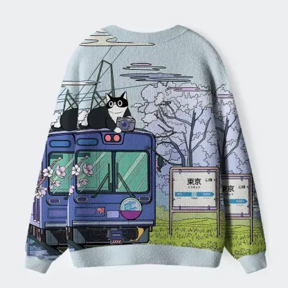 Tokyo-Tiger Black Cat On The Train Ugly Cardigan Sweater
