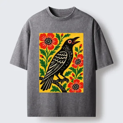 Tokyo-Tiger Vintage Crow Flower Folk Art Washed T-Shirt