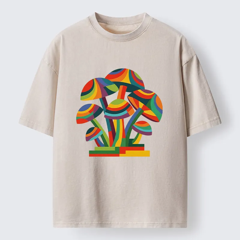 Tokyo‑Tiger Retro Rainbow Mushroom Art Washed T‑Shirt Sale