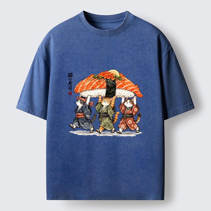 Tokyo-Tiger Funny Sushi Cat Crew Washed T-Shirt