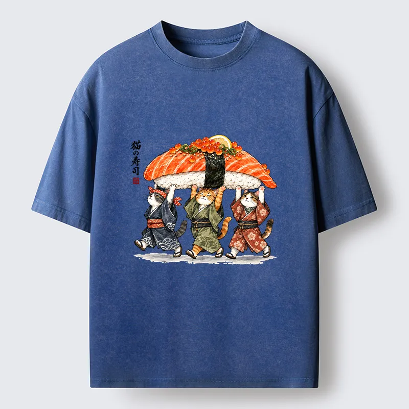 Tokyo‑Tiger Funny Sushi Cat Crew Washed T‑Shirt Sale