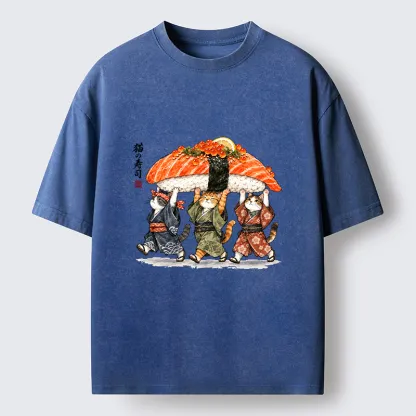 Tokyo-Tiger Funny Sushi Cat Crew Washed T-Shirt