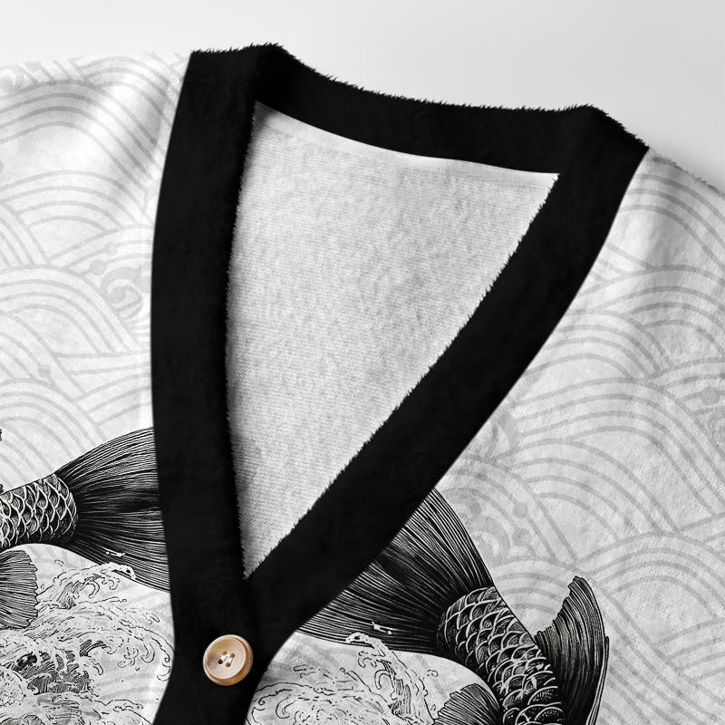 Tokyo-Tiger Koi Fish Wave Ugly Cardigan Sweater