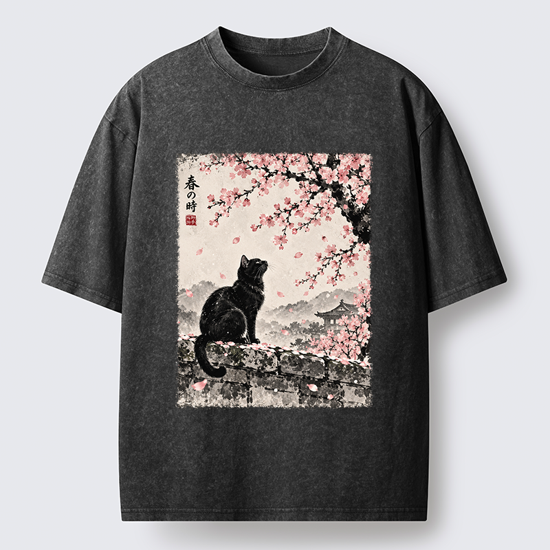 Tokyo-Tiger Spring Black Cat Art Washed T-Shirt