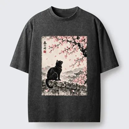 Tokyo-Tiger Spring Black Cat Art Washed T-Shirt