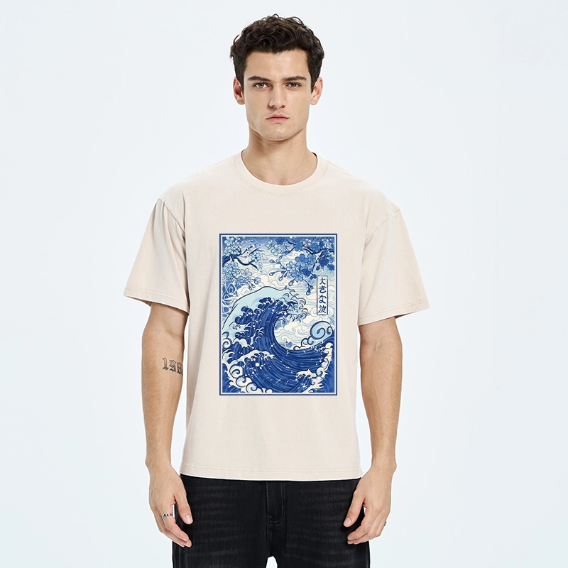 Tokyo-Tiger Vintage Japanese Wave Sakura Print Washed T-Shirt
