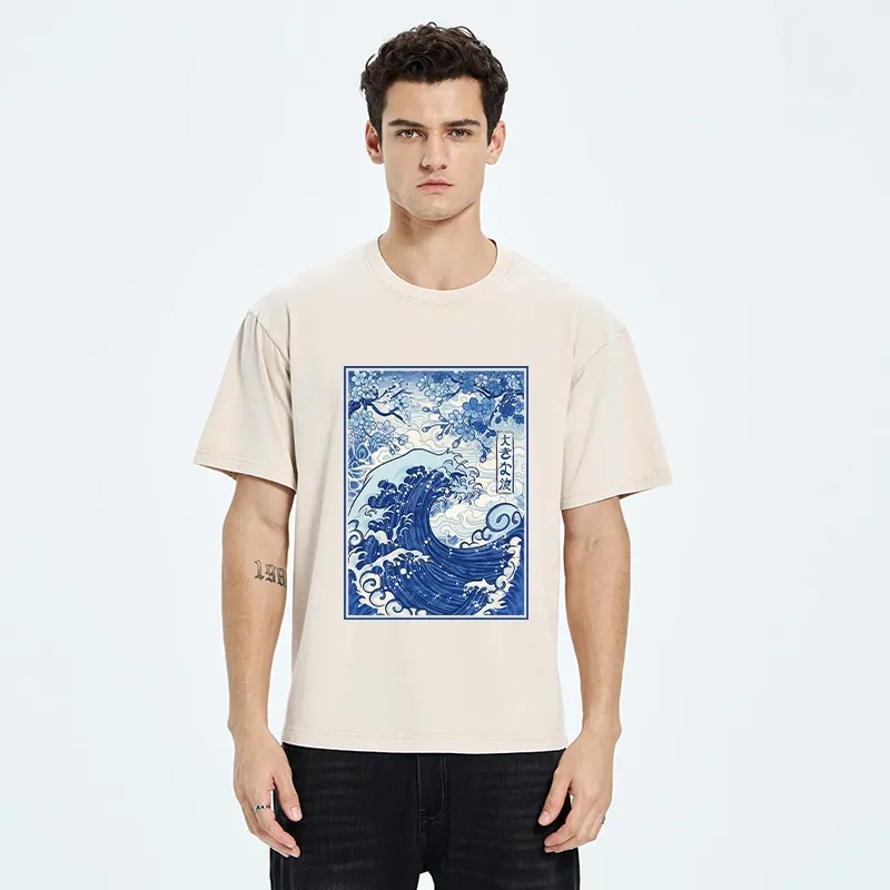 Tokyo-Tiger Vintage Japanese Wave Sakura Print Washed T-Shirt