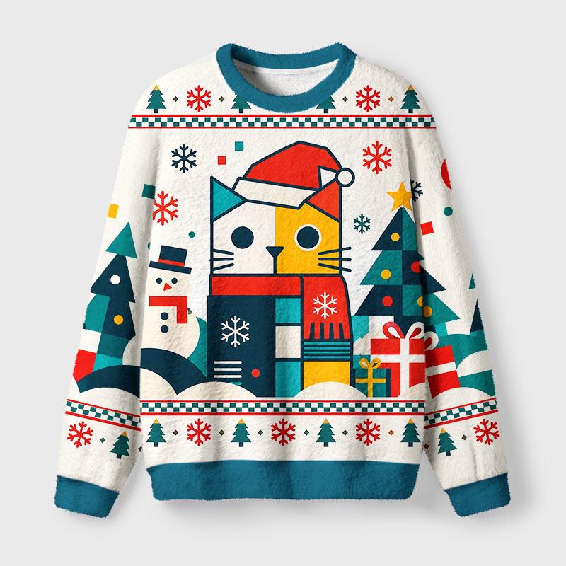 Tokyo-Tiger Geometric Santa Cat Fuzzy Christmas Ugly Sweatshirt