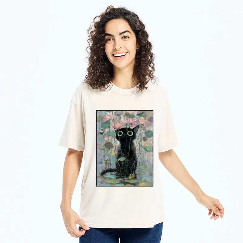 Tokyo-Tiger Black Cat In The Lotus Pond Washed T-Shirt