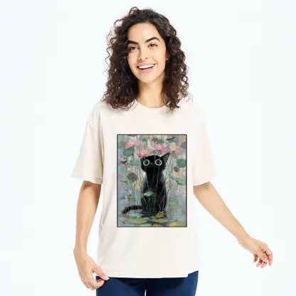Tokyo-Tiger Black Cat In The Lotus Pond Washed T-Shirt