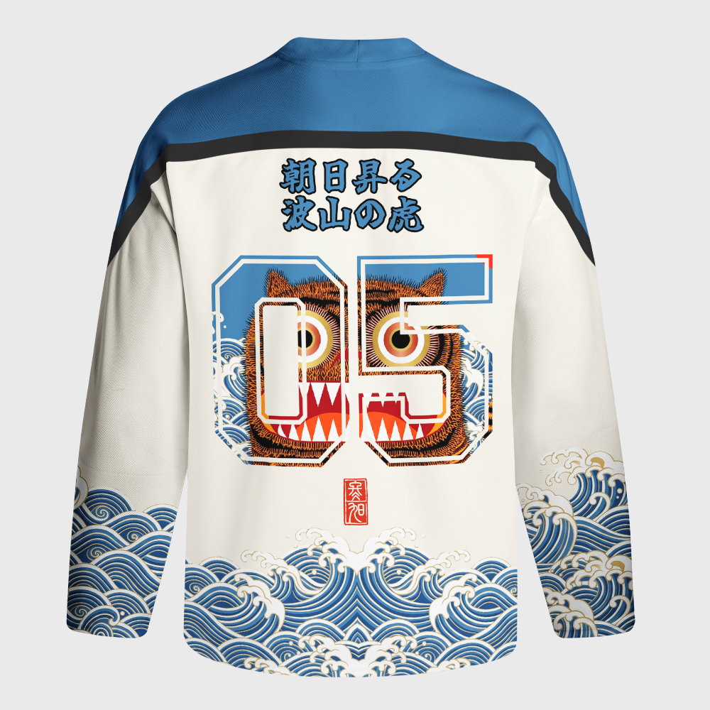 Tokyo-Tiger Folk Art Tiger Standing On Waves Long-Sleeve Hockey Jersey