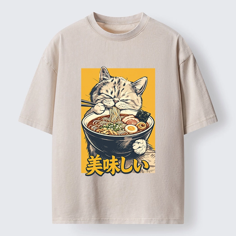Tokyo‑Tiger Cat Eat Ramen Washed T‑Shirt