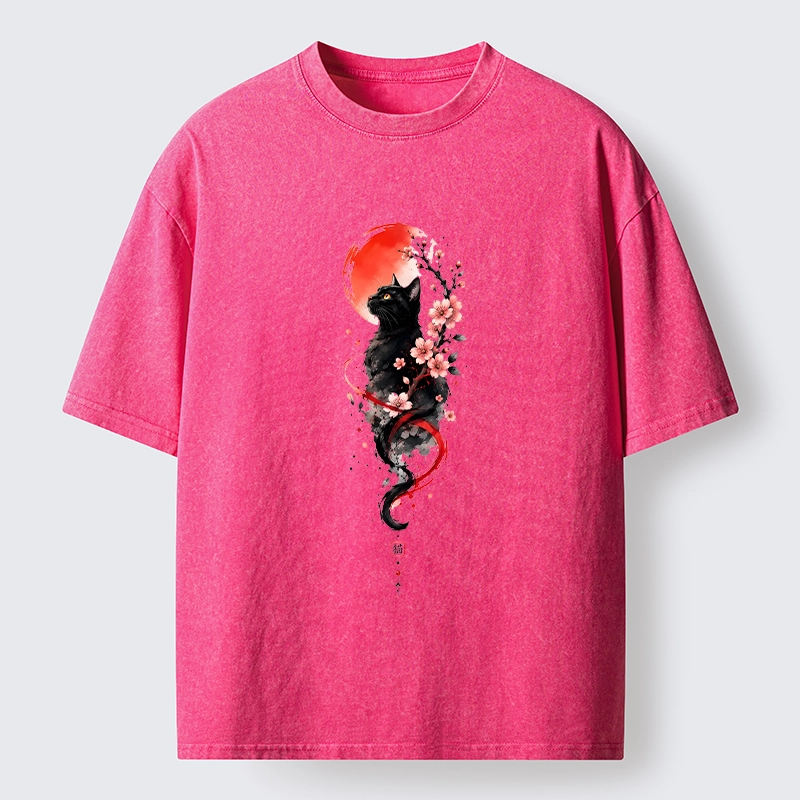Tokyo‑Tiger Sakura Black Cat Art Washed T‑Shirt