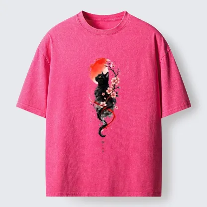 Tokyo‑Tiger Sakura Black Cat Art Washed T‑Shirt