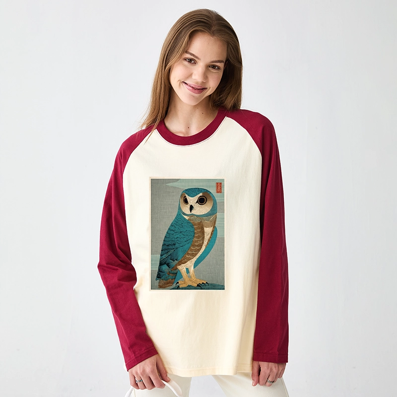 Tokyo-Tiger Vintage Owl Woodblock Art Raglan Long Sleeve T-shirt