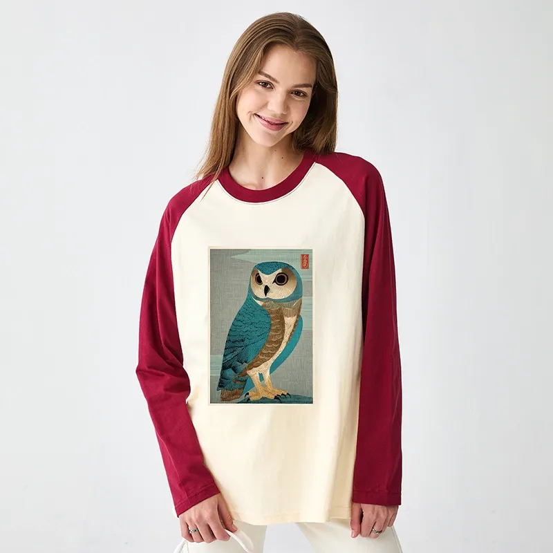 Tokyo-Tiger Vintage Owl Woodblock Art Raglan Long Sleeve T-shirt
