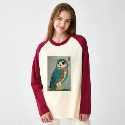 Tokyo-Tiger Vintage Owl Woodblock Art Raglan Long Sleeve T-shirt