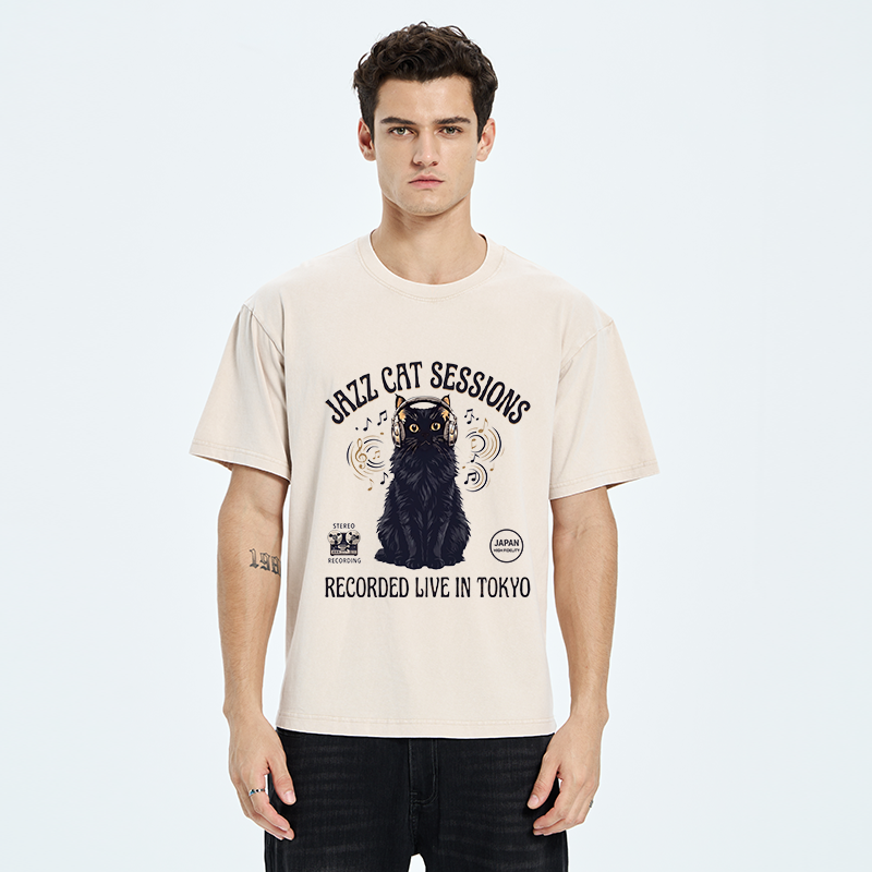 Tokyo-Tiger Jazz Cat Vibes Washed T-Shirt
