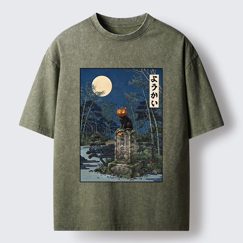 Tokyo‑Tiger Funny Ghost Cat Washed T‑Shirt