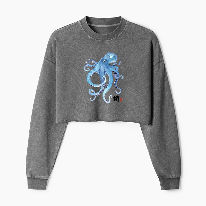 Tokyo-Tiger Watercolor Blue Octopus Washed Crop Sweatshirt
