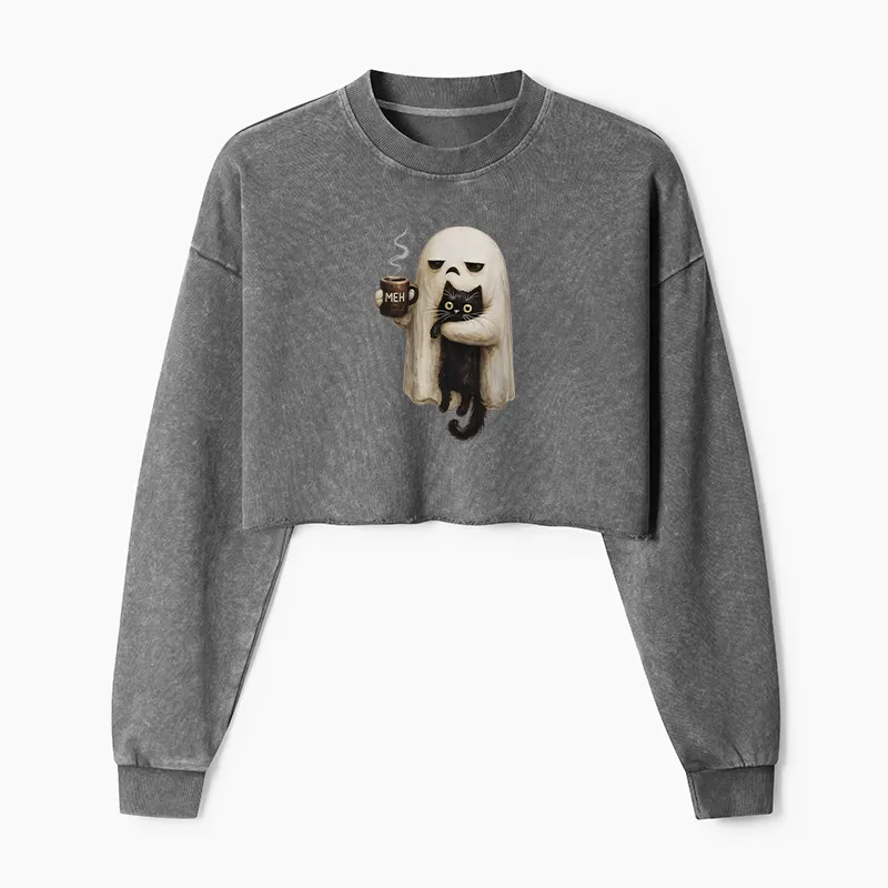 Tokyo-Tiger Ghost Cat Coffee Mood Washed Crop Sweatshirt